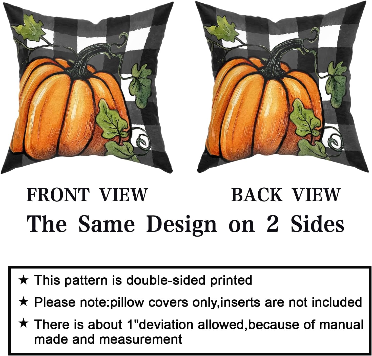 Juego de 2 fundas de almohada de otoño de 18 x 18 pulgadas, diseño de calabaza, negro y blanco, a cuadros, decoración del hogar, cosecha de otoño,