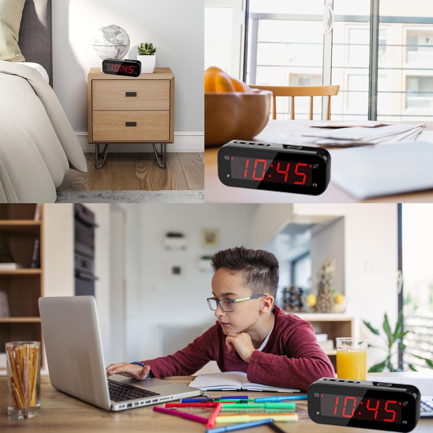 Reloj despertador digital pequeño con pantalla de temperatura, funciona con pilas, brillo ajustable, repetición, 1224 horas, inalámbrico, modo