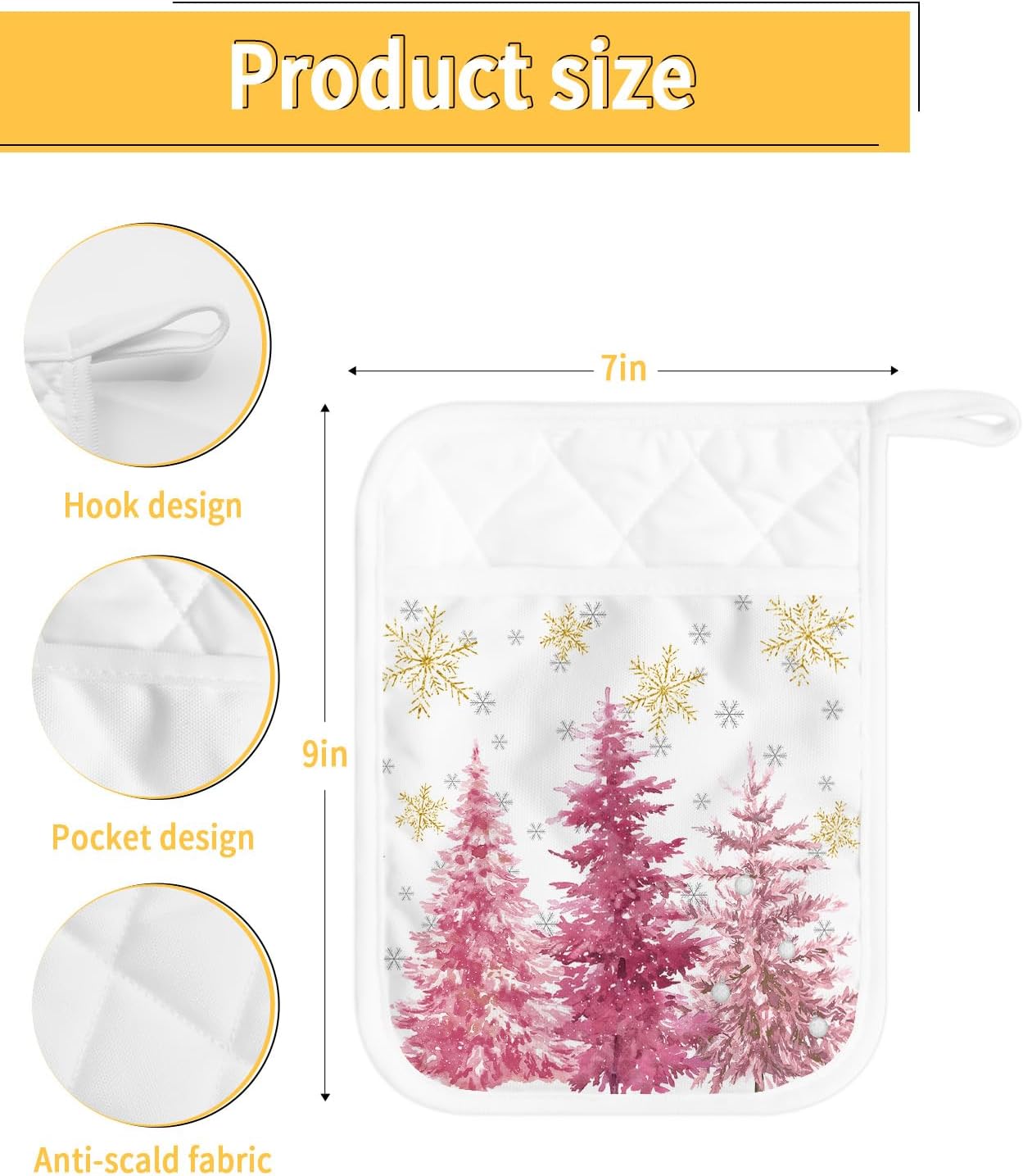 Snowflake Tree 3Pcs Pot Holders for Kitchen,Non Slip & Heat Insulation Terry Cloth Potholder Set with Pocket,Thick Hot Pad Oven Mitts Trivet Coaster