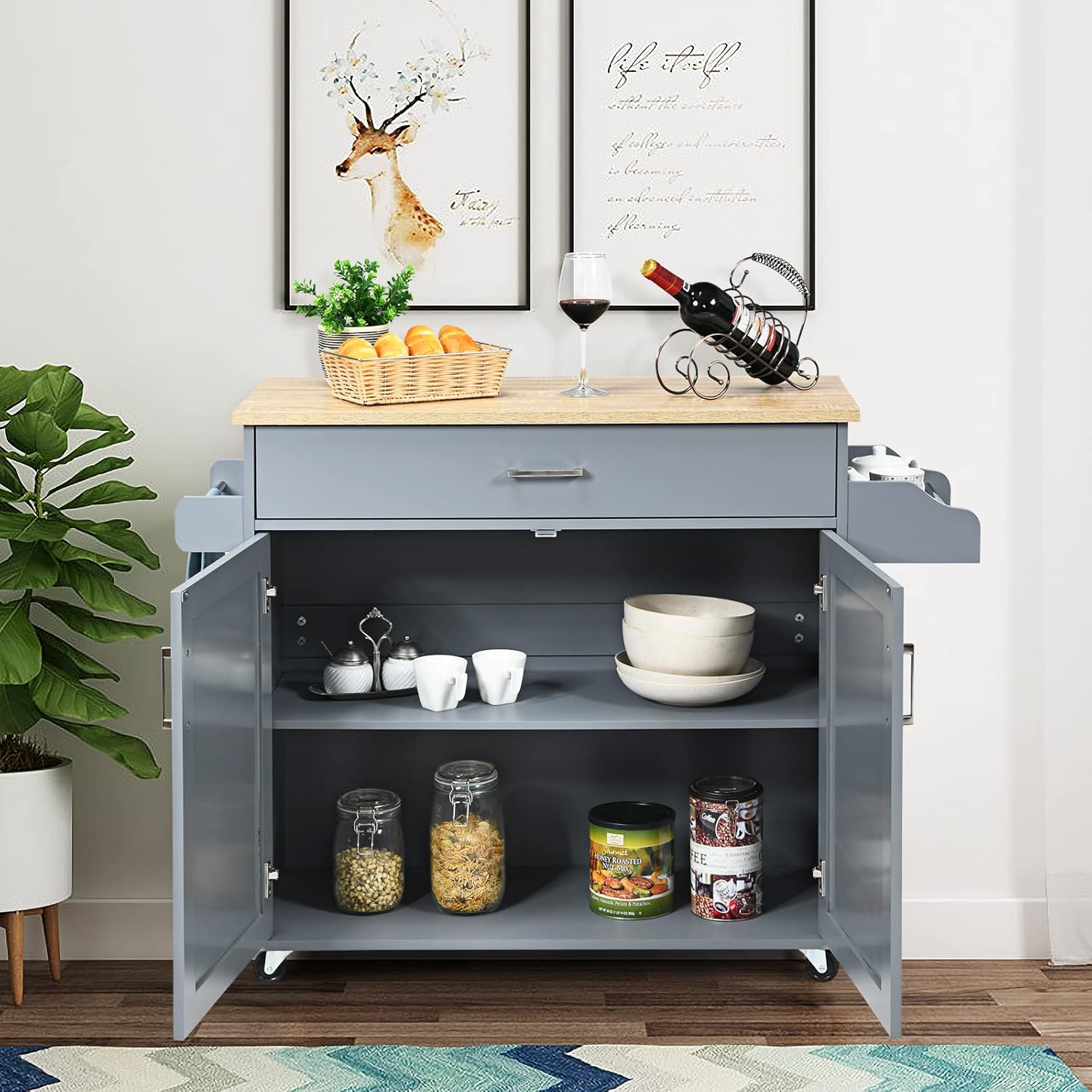 Isla de cocina, carrito de almacenamiento rodante con cajones, armario grande, estante de especias y asa de toalla, carritos de cocina con ruedas