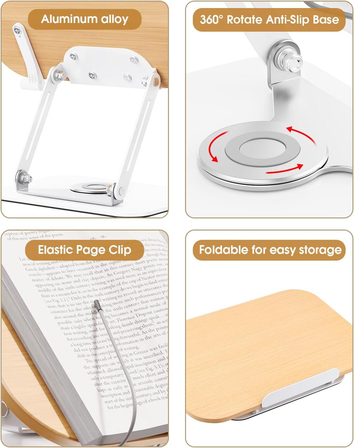 Soporte para libros, soporte para leer manos libres, soporte de escritorio ajustable con base giratoria de 360 grados y clips de página, soporte