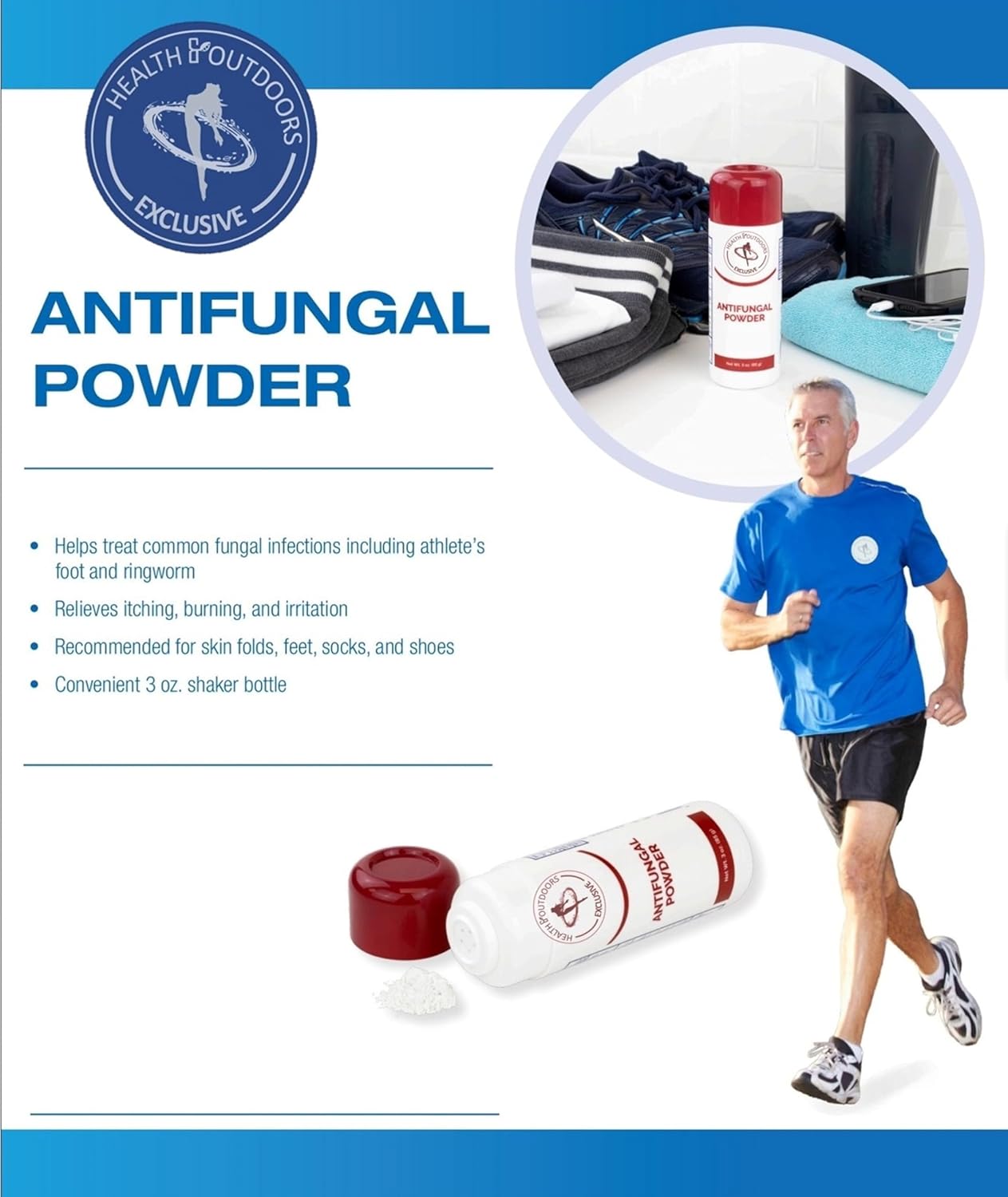 HEALTH & OUTDOORS Tubo antifúngico de 3 onzas, para infecciones fúngicas comunes, pie de atleta y tiñas, polvo tópico absorbente de humedad, paquete