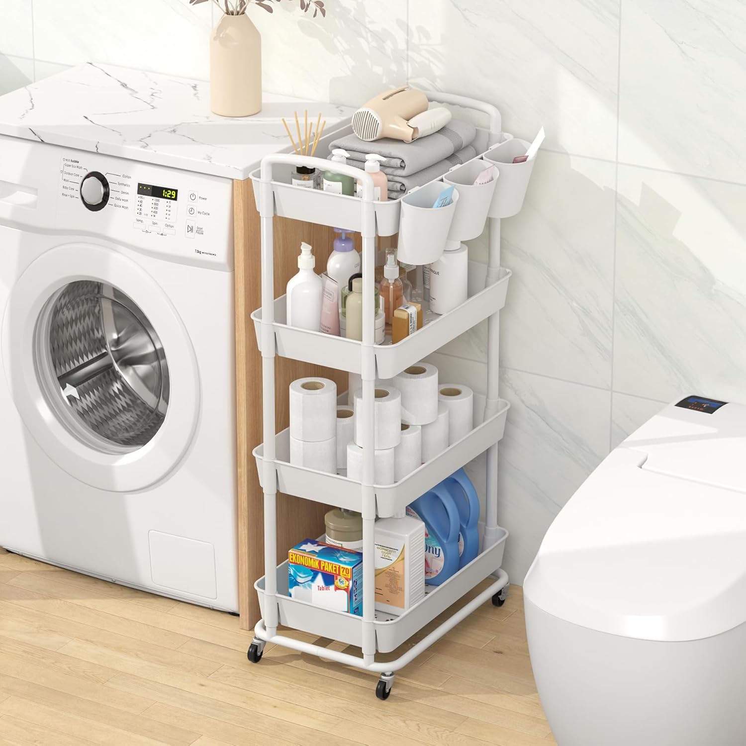 JIUYOTREE Carrito de almacenamiento de plástico de 4 niveles con asas de tazas colgantes adicionales, ruedas bloqueables para sala de estar, baño,