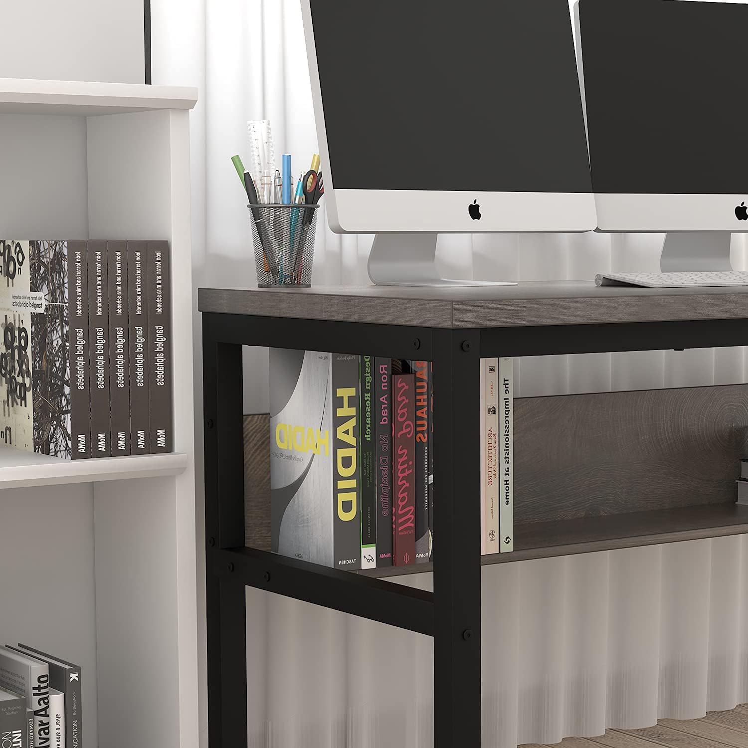 TOPSKY Escritorio para computadora con estanteríacubierta de cable con agujero de metal, escritorio de 1.18 pulgadas de grosor (55 pulgadas, gris