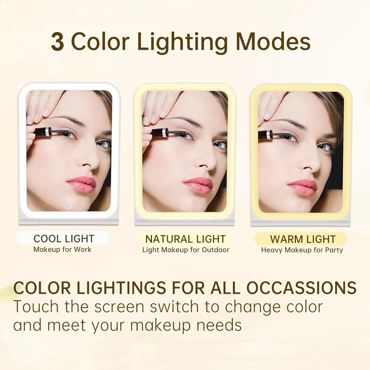 Espejo de maquillaje de viaje recargable con espejo de aumento de 10X, espejo de maquillaje iluminado con 72 LED, iluminación de 3 colores, pantalla