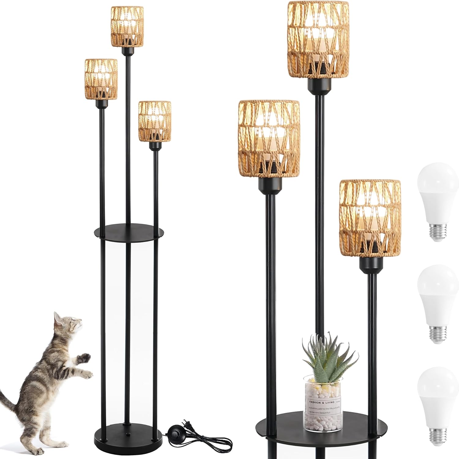 LEDIARY Lámpara de pie bohemia de 65 pulgadas para sala de estar, lámpara de pie de ratán con estantes, 3 bombillas LED incluidas, lámpara de pie