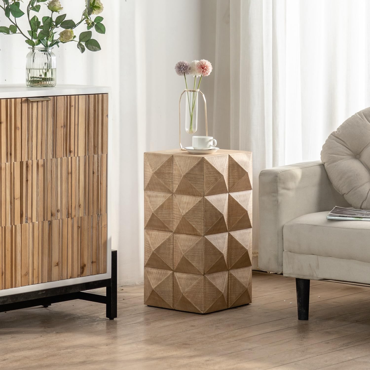 Mesa de centro cuadrada grande con forma de diamante, mesa de centro de bloque, mesa de centro de madera con 2 cajones para sala de estar (mesa