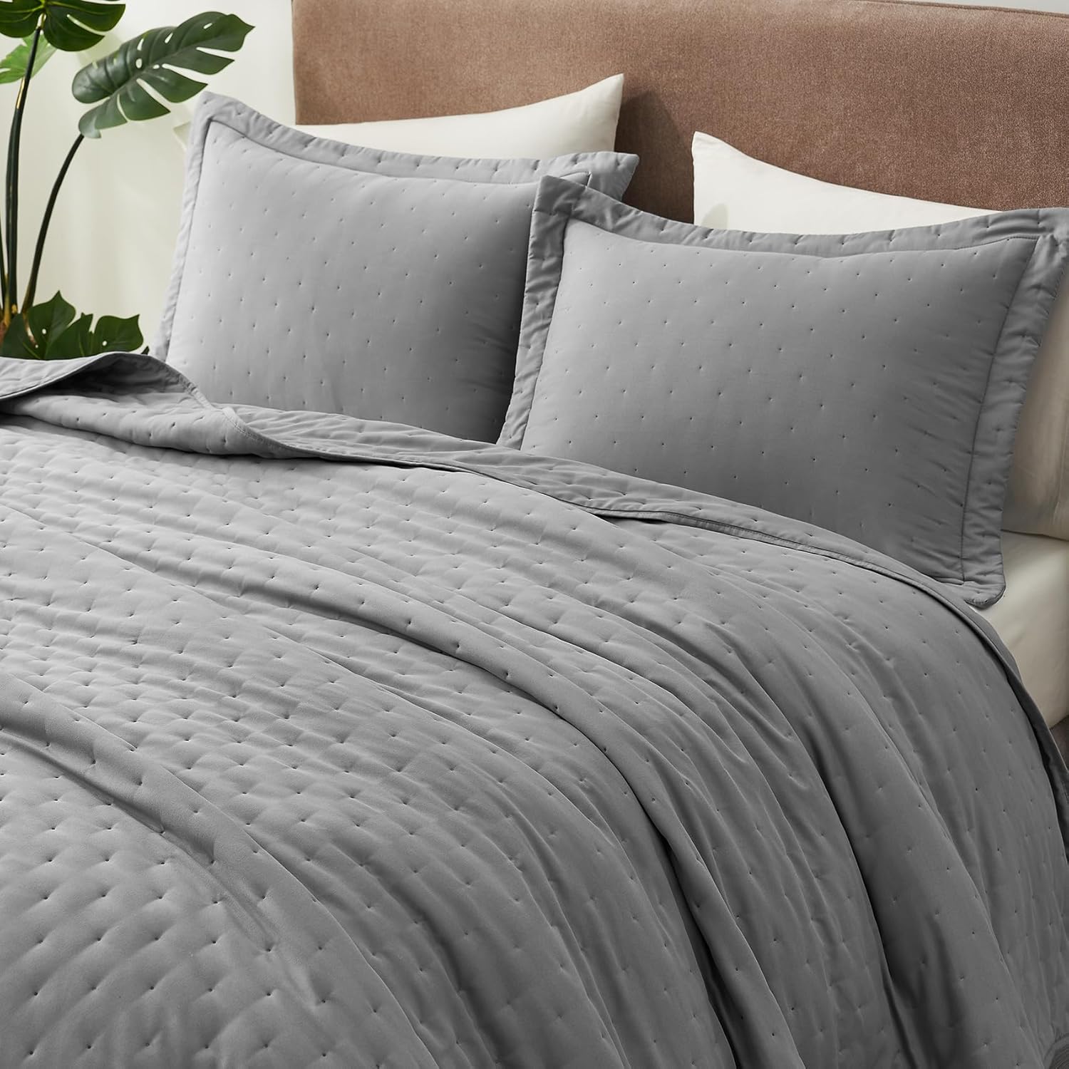 Hansleep Juego de edredón ultrasónico ligero para decoración de cama, colcha para uso en todas las estaciones (puntos grises, matrimonialqueen, 90 x