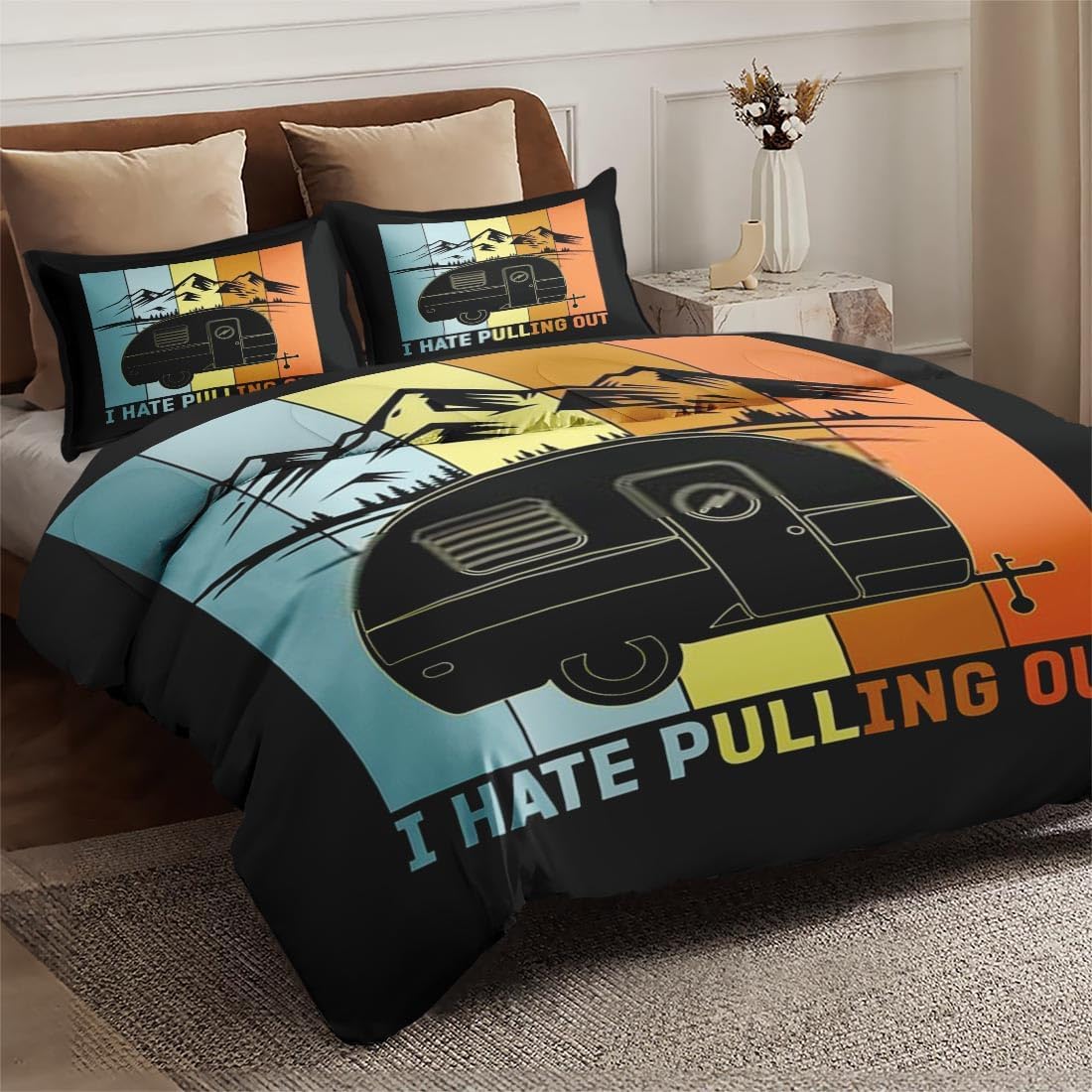 Juego de funda de edredón tamaño King, divertido juego de ropa de cama retro para acampar con cierre de cremallera para niños y adultos, funda de