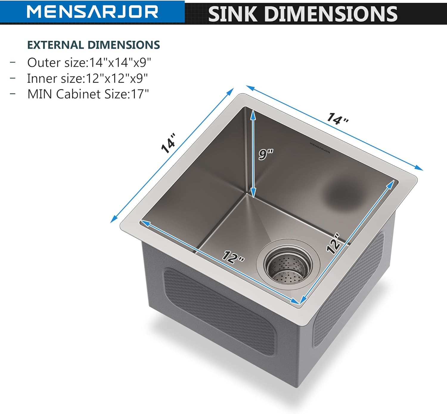 MENSARJOR Fregadero de bar, fregadero de cocina empotrado de 14 x 14 pulgadas, fregadero de acero inoxidable de calibre 16, hecho a mano para