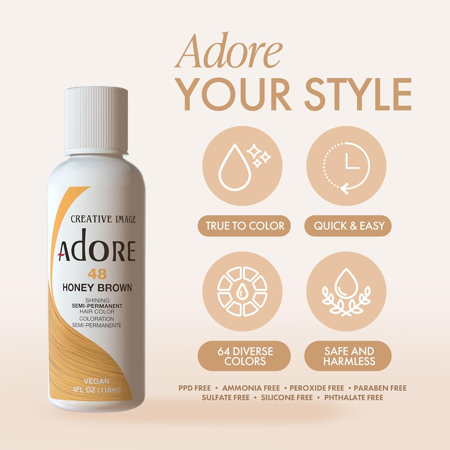Adore Tinte semipermanente para el cabello, vegano y libre de crueldad, 4 onzas líquidas, 118 Off Black (paquete de 1)