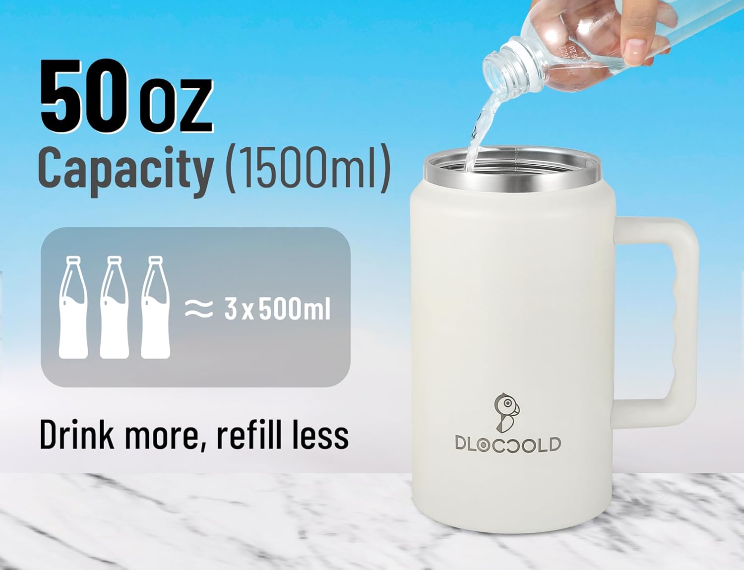 DLOCCOLD Vaso de 50 onzas con asa y tapa con popote, jarra de viaje grande aislada de acero inoxidable con asa, botella de agua reutilizable de