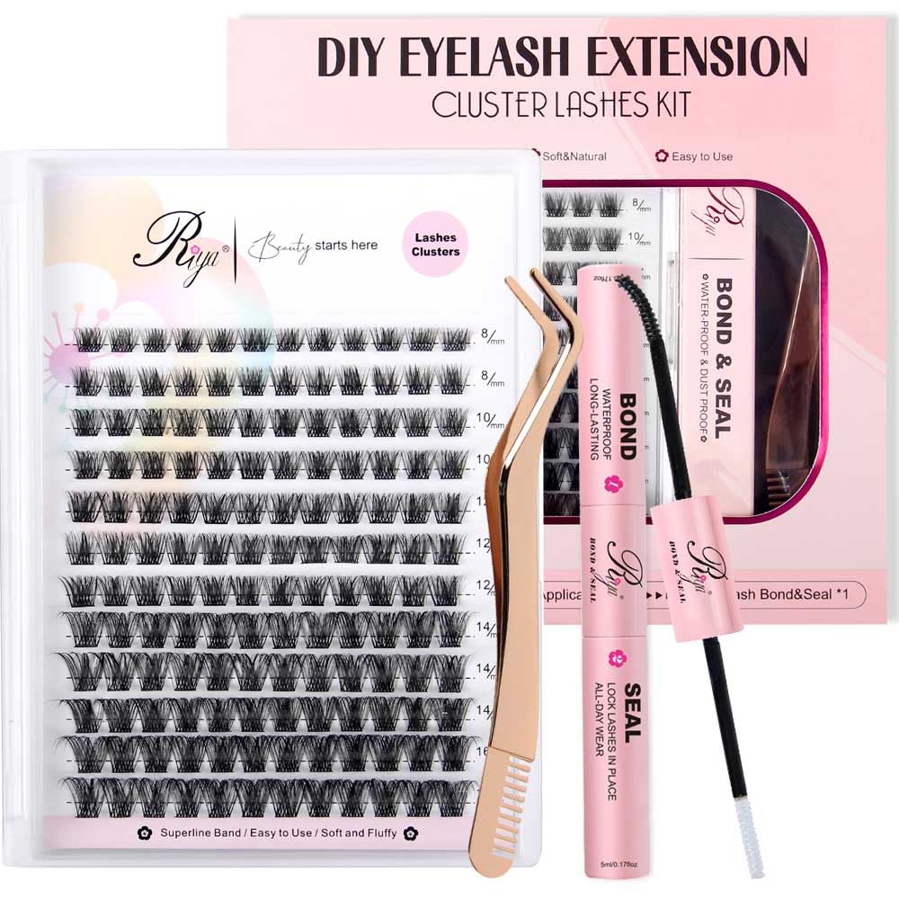 Riya Juego de 12 filas de pestañas con pegamento de pestañas y extensiones de pestañas de sujeción fuerte, 12 filas y kit de extensiones de pestañas