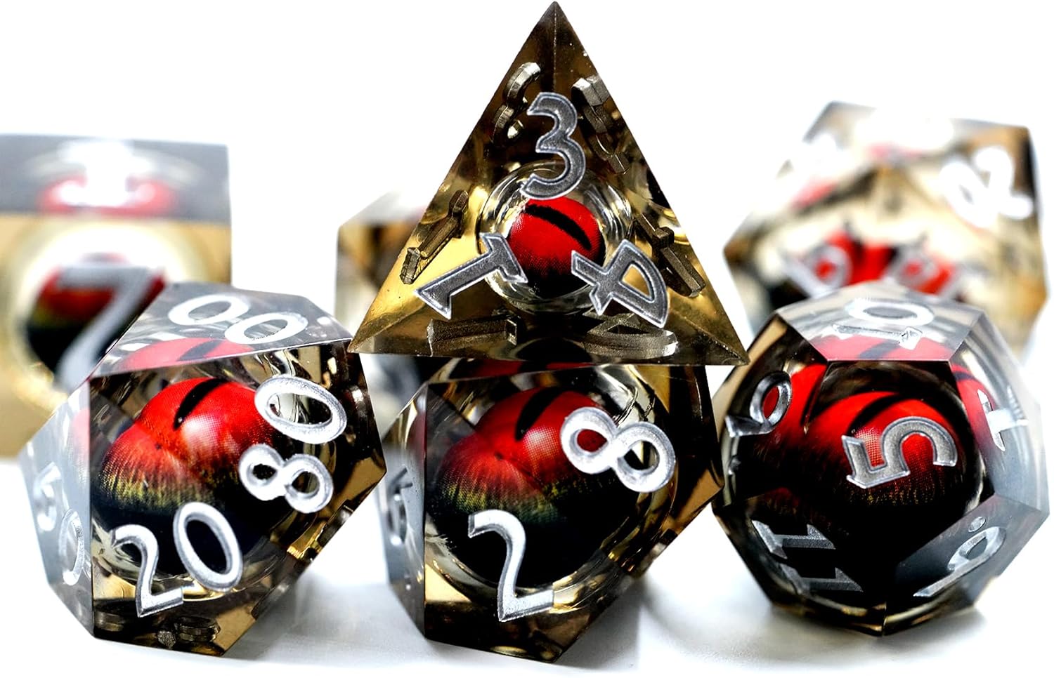 Juego de dados de ojo de dragón, dados DND de resina con caja, juego de dados poliédricos de borde afilado para juegos de rol de Calabozos y Dragones