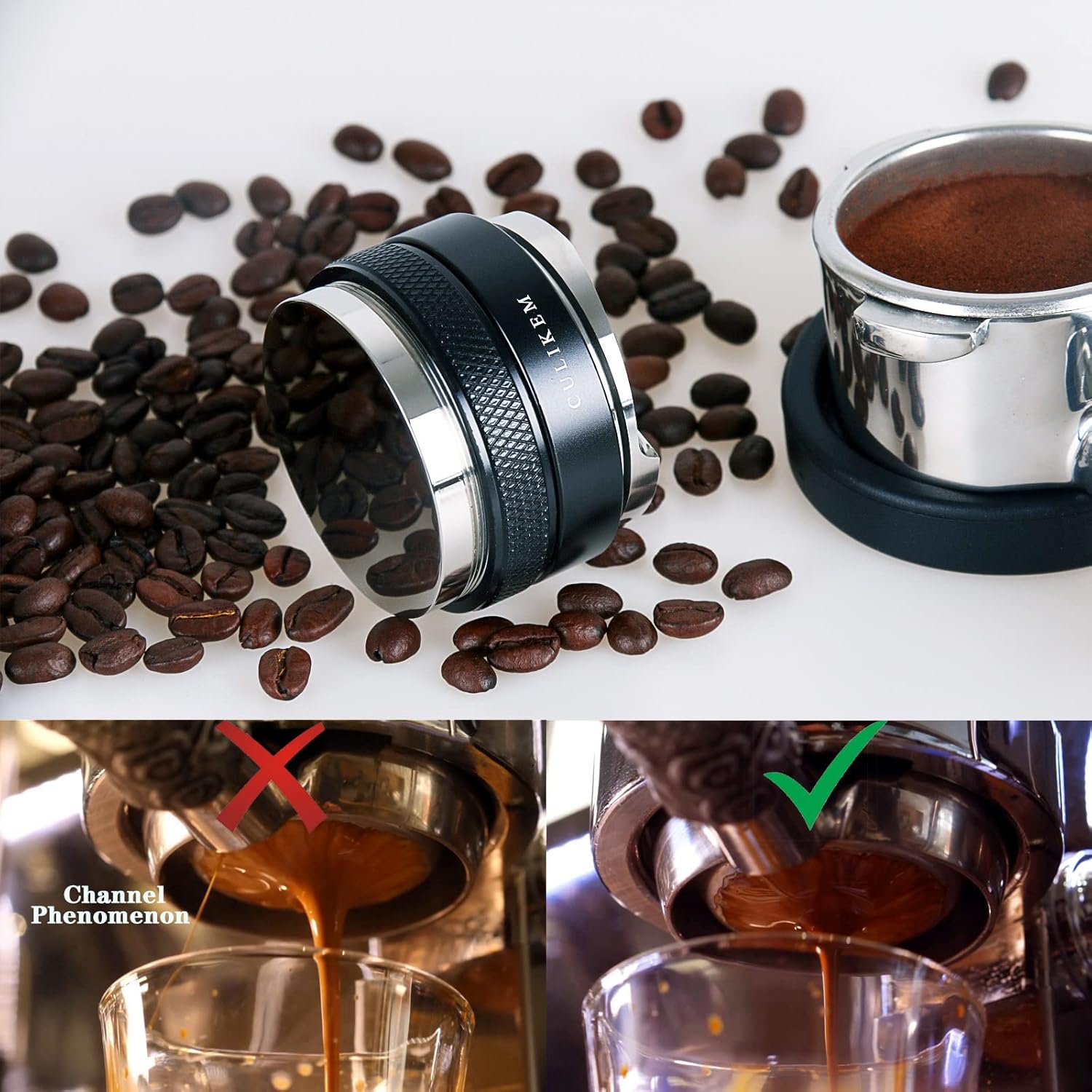 -Herramienta distribuidora de café expreso de 2.283 in – Nivelador de espresso de doble cabezal para portafiltros de 2.283 in, manipulador de manos