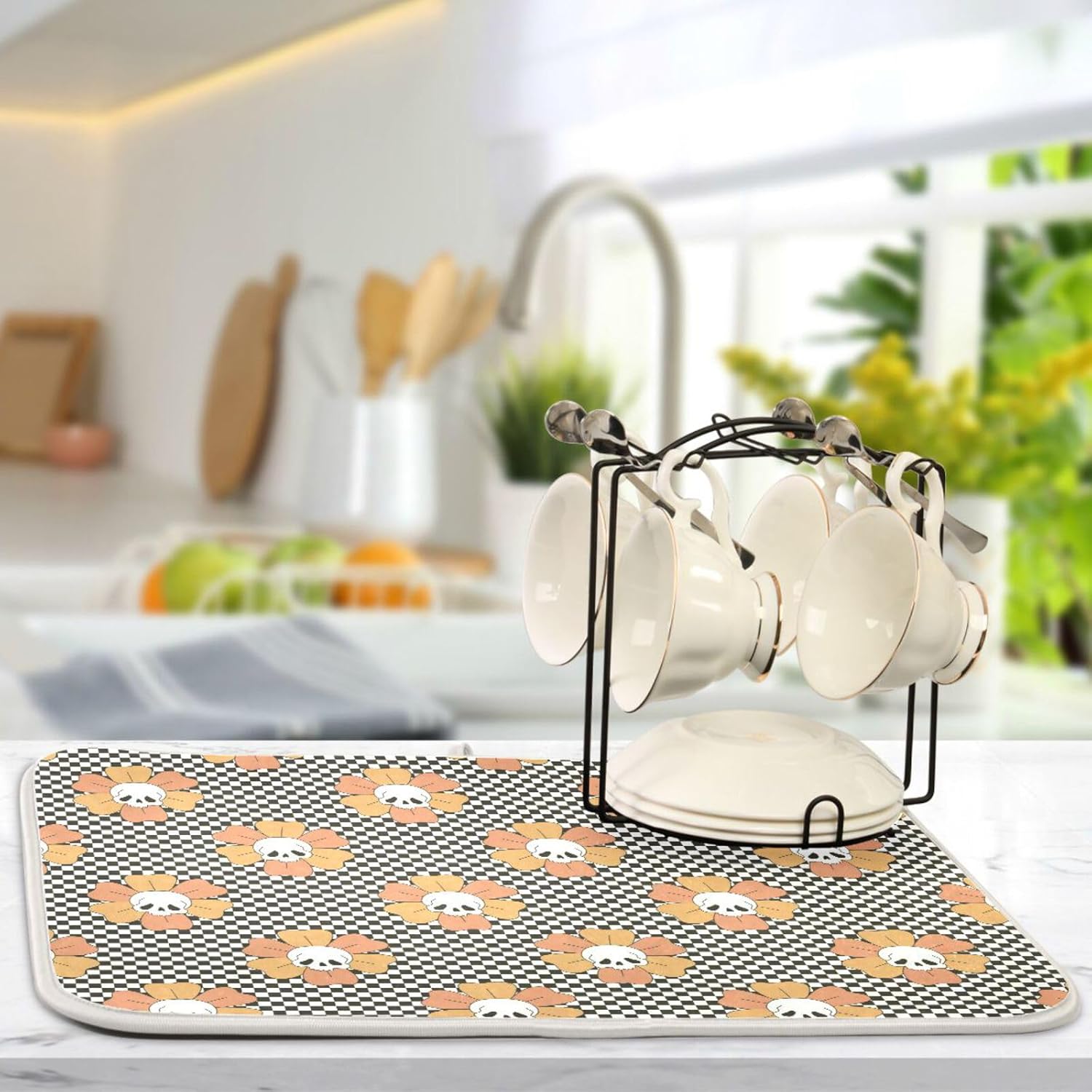 Tapete de secado de platos de calavera floral, lavable, absorbente, tapete de secado para encimera de cocina, tapete de goma para encimera, 16 x 18