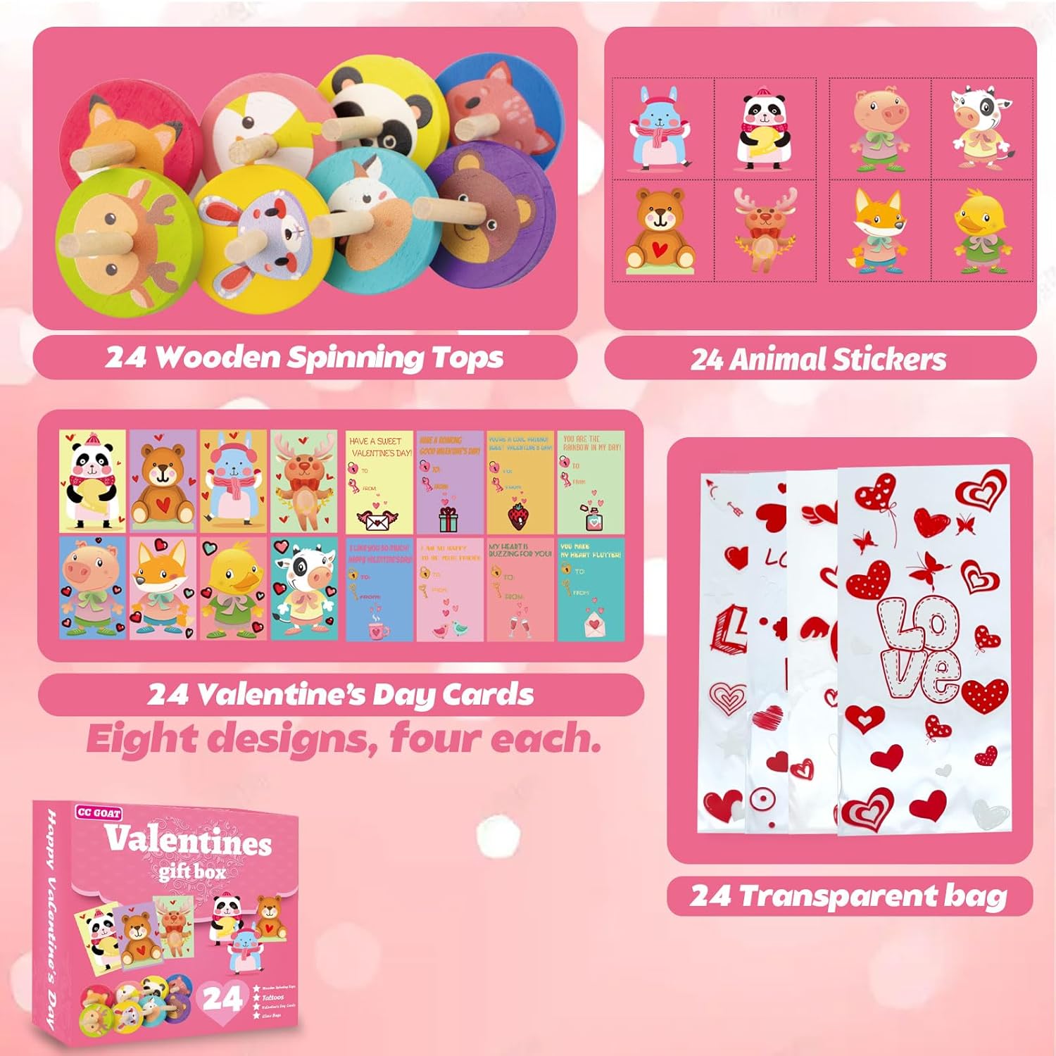 96 juguetes de San Valentín para clase, tarjetas de intercambio del día de San Valentín para niños, tapas giratorias de madera, calcomanías de