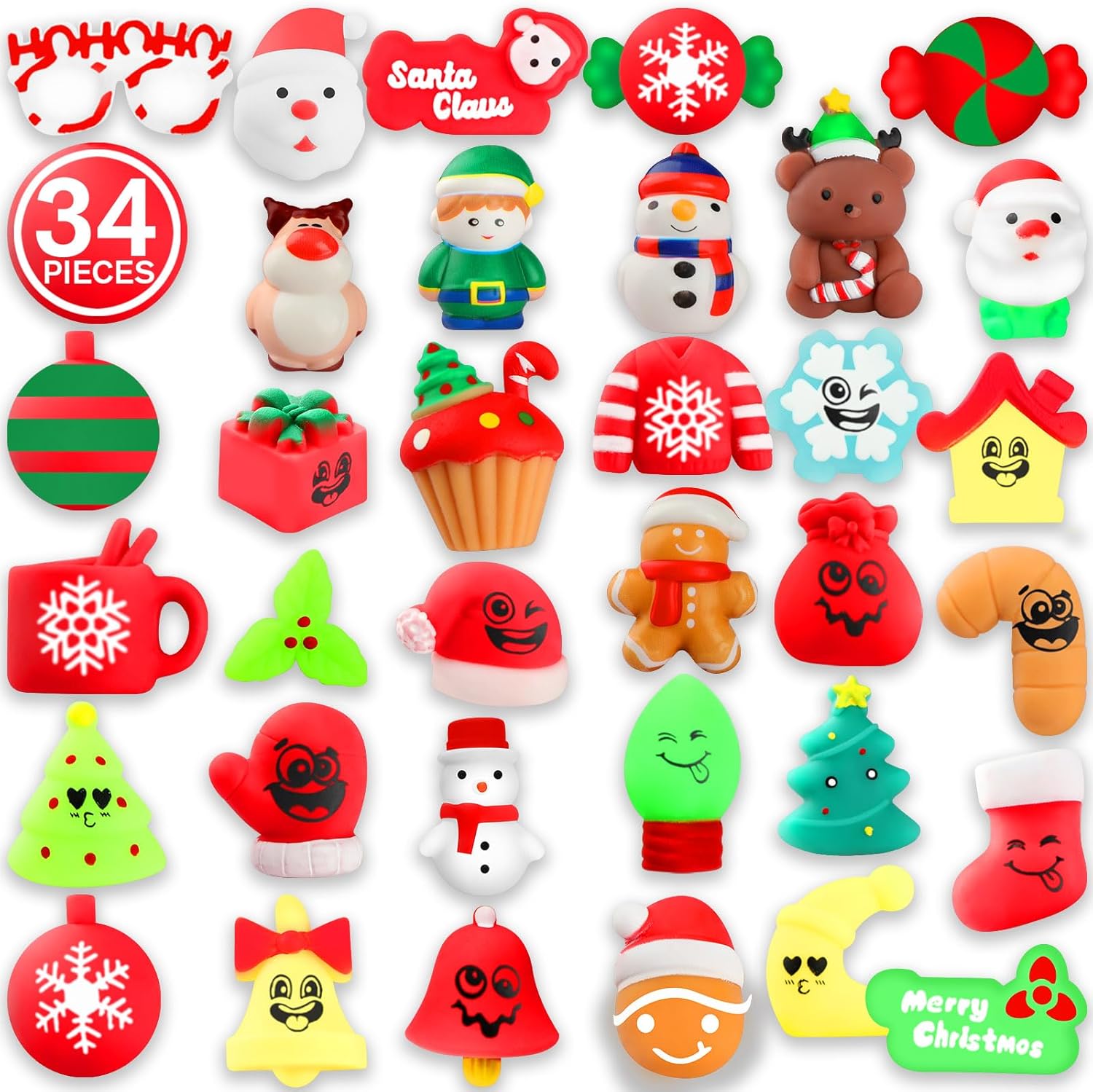VNAMO Juguetes esponjosos de Navidad, 34 piezas de juguetes esponjosos, regalos de fiesta de Navidad para niños y niñas, Mochi Kawaii Squishy Alivio