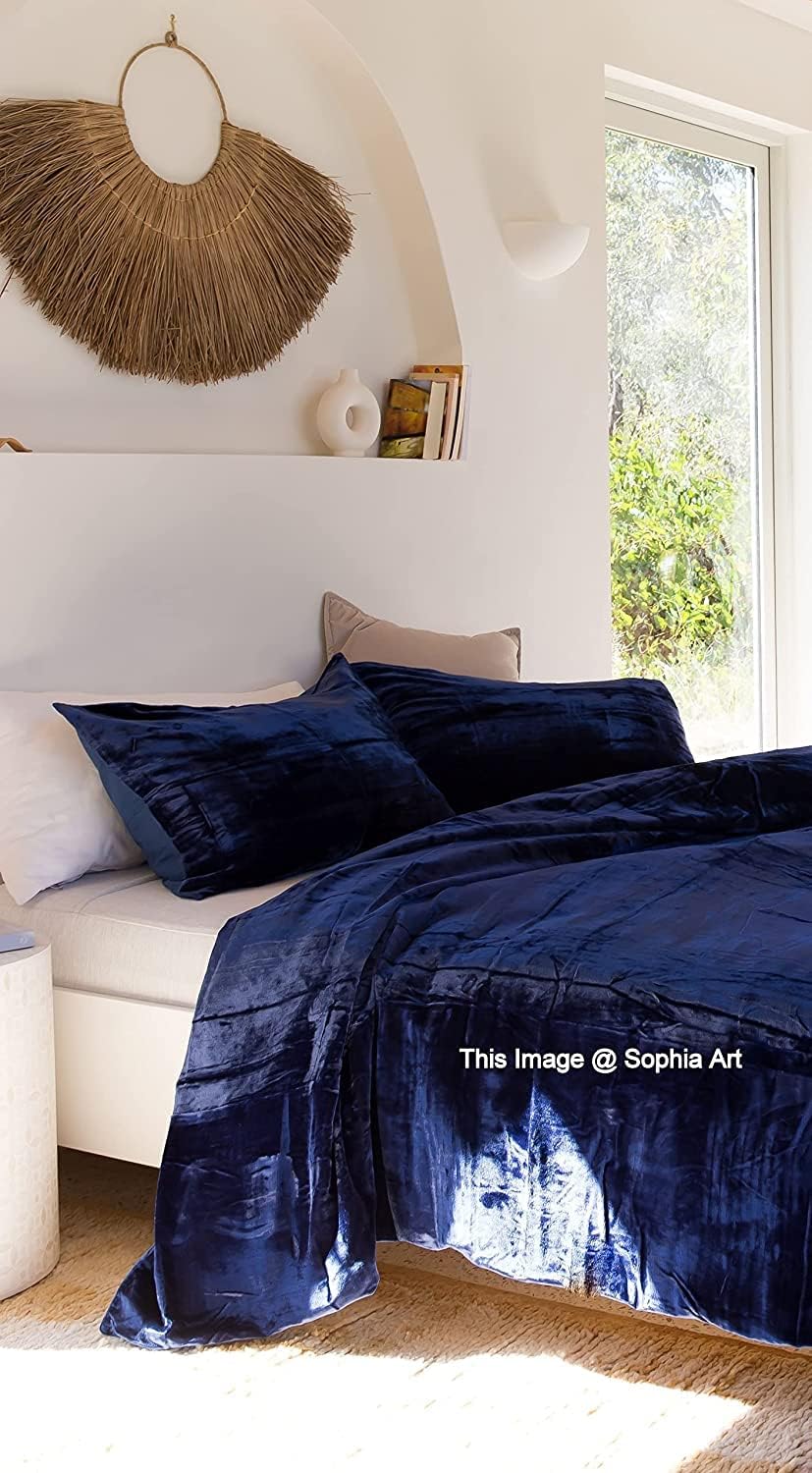 Sophia Art – Juego de cama de terciopelo de rayón de 3 piezas, estilo bohemio, funda de edredón de un solo color, funda de colcha (azul real, tamaño
