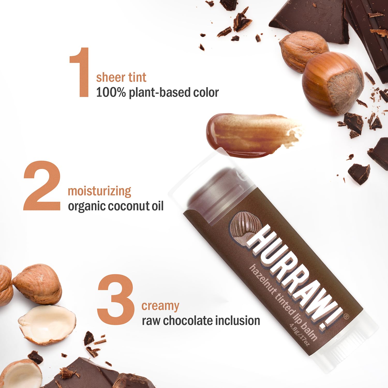 Hurraw! Bálsamo labial teñido de avellana (tinte marrón transparente) orgánico, certificado vegano, sin crueldad y sin gluten. Sin OMG, ingredientes