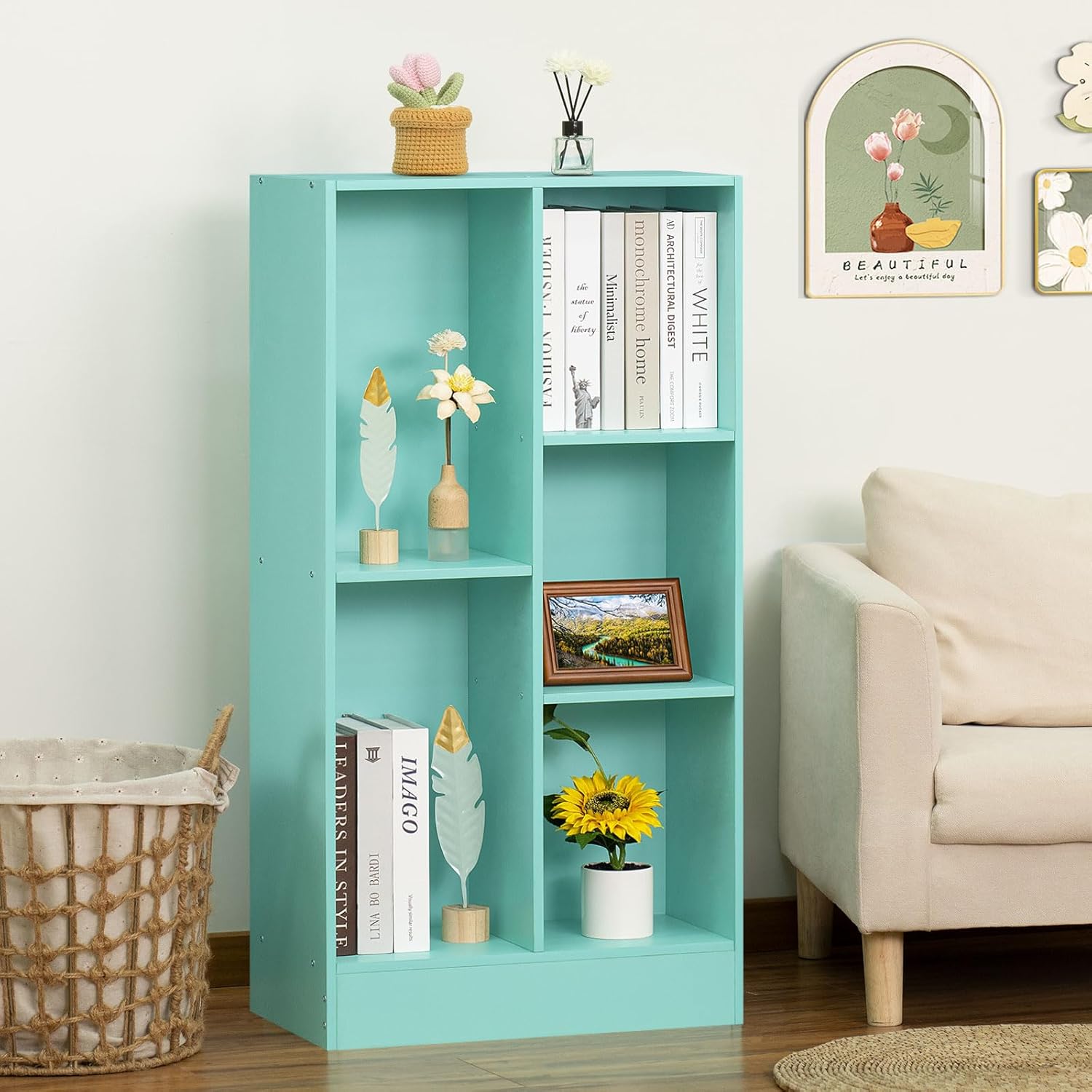 LEYAOYAO Estantería de 5 cubos con base, estantería moderna de 3 niveles verde menta para niños, estantes anchos de pie, estante organizador de