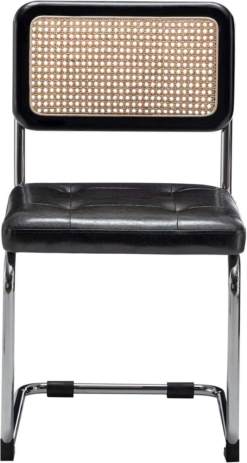 Alunaune Juego de 2 sillas de comedor modernas de mediados de siglo, silla decorativa tapizada de ratán natural, sillas laterales sin brazos con