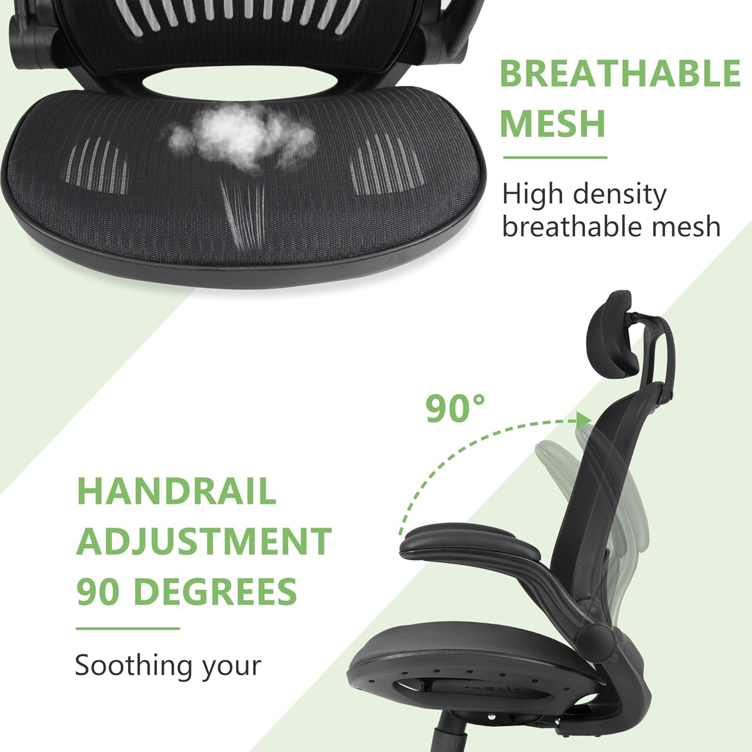 Silla de oficina ergonómica de malla, silla de computadora con soporte lumbar, reposacabezas y brazos abatibles, giratoria, ajustable, para adultos