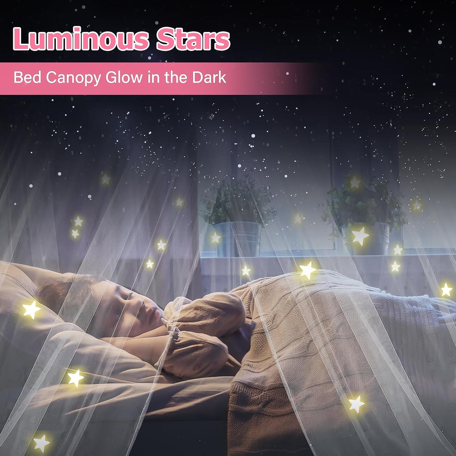 Toldo de cama con luces, toldo de cama para niñas princesa con estrellas luminosas, cortinas de cama para cama de tamaño individual a King,