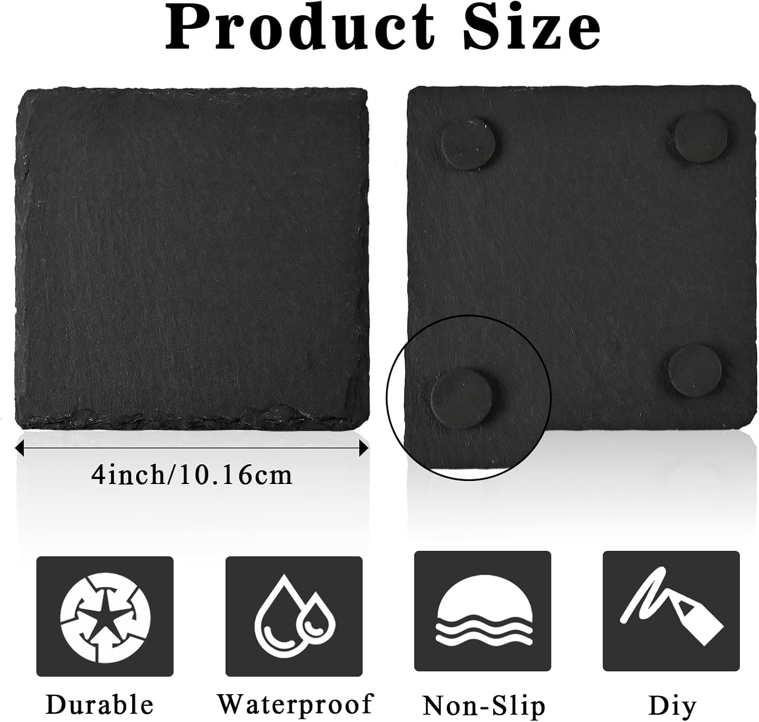 Posavasos de pizarra con soporte, 4 pulgadas, 12 piezas, cuadrados rústicos, juego de posavasos de piedra negra con respaldo antiarañazos para bar,