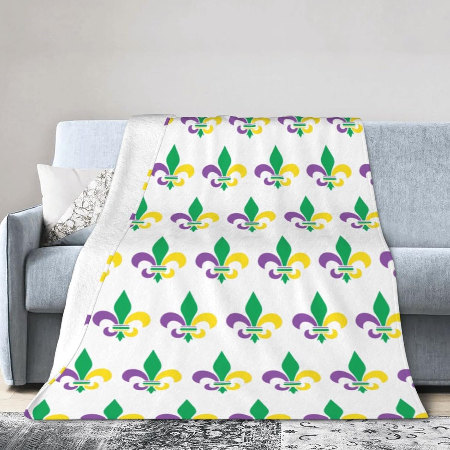 Manta de franela de Mardi Gras con diseño de flor de lis, suave, mullida, acogedora, para sofá, cálida y decorativa