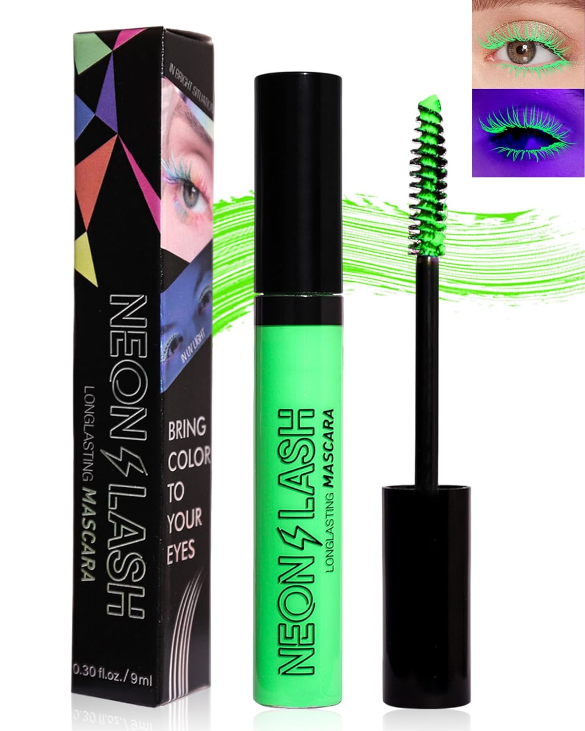 Máscara de pestañas de color con brillo UV, volumen y longitud, 1 máscara verde impermeable para pestañas, máscara de secado rápido sin
