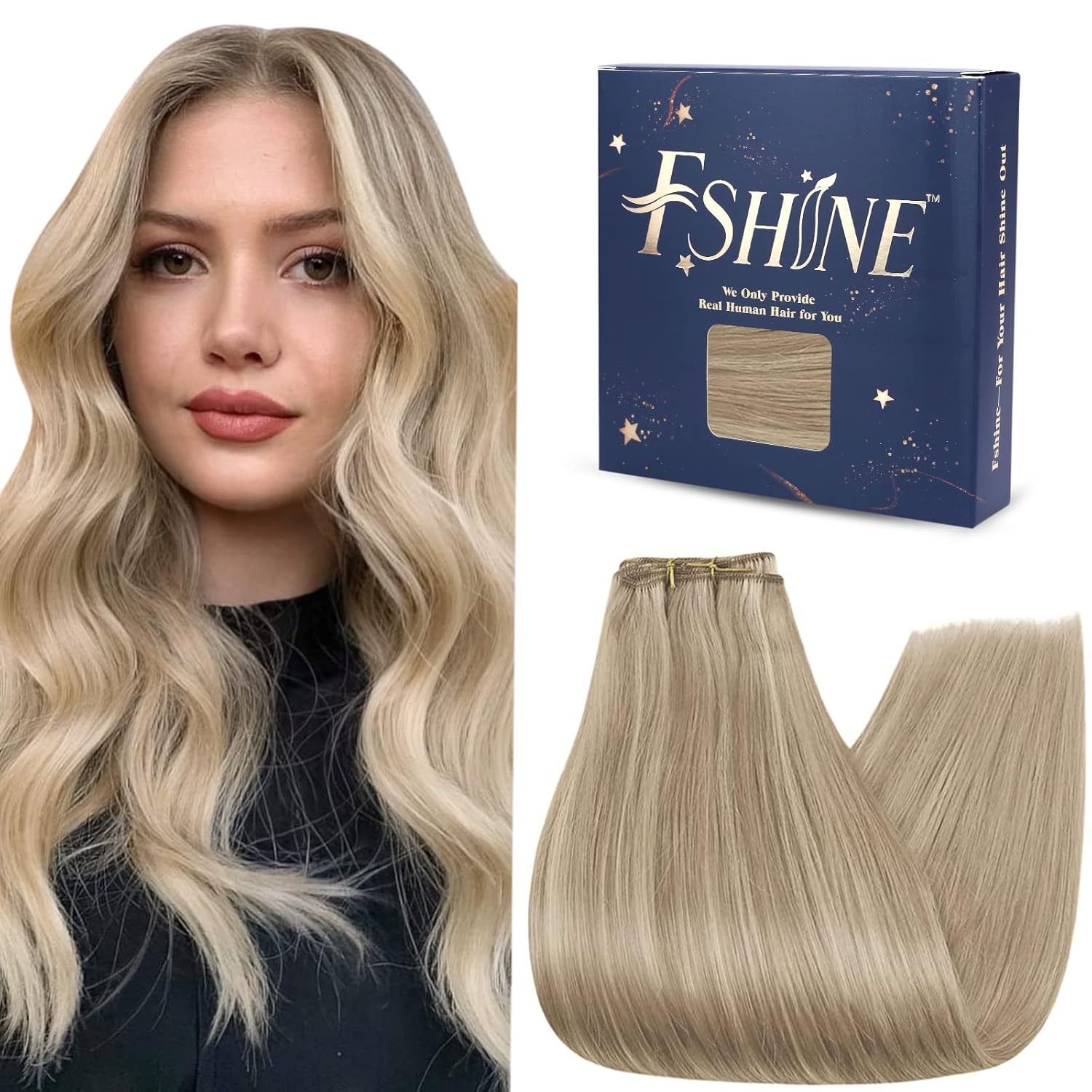 Fshine Extensiones de cabello humano de 20 pulgadas, 3.53 onzas, reflejos rubio ceniza oscuro con rubio dorado, extensiones de cabello humano real,