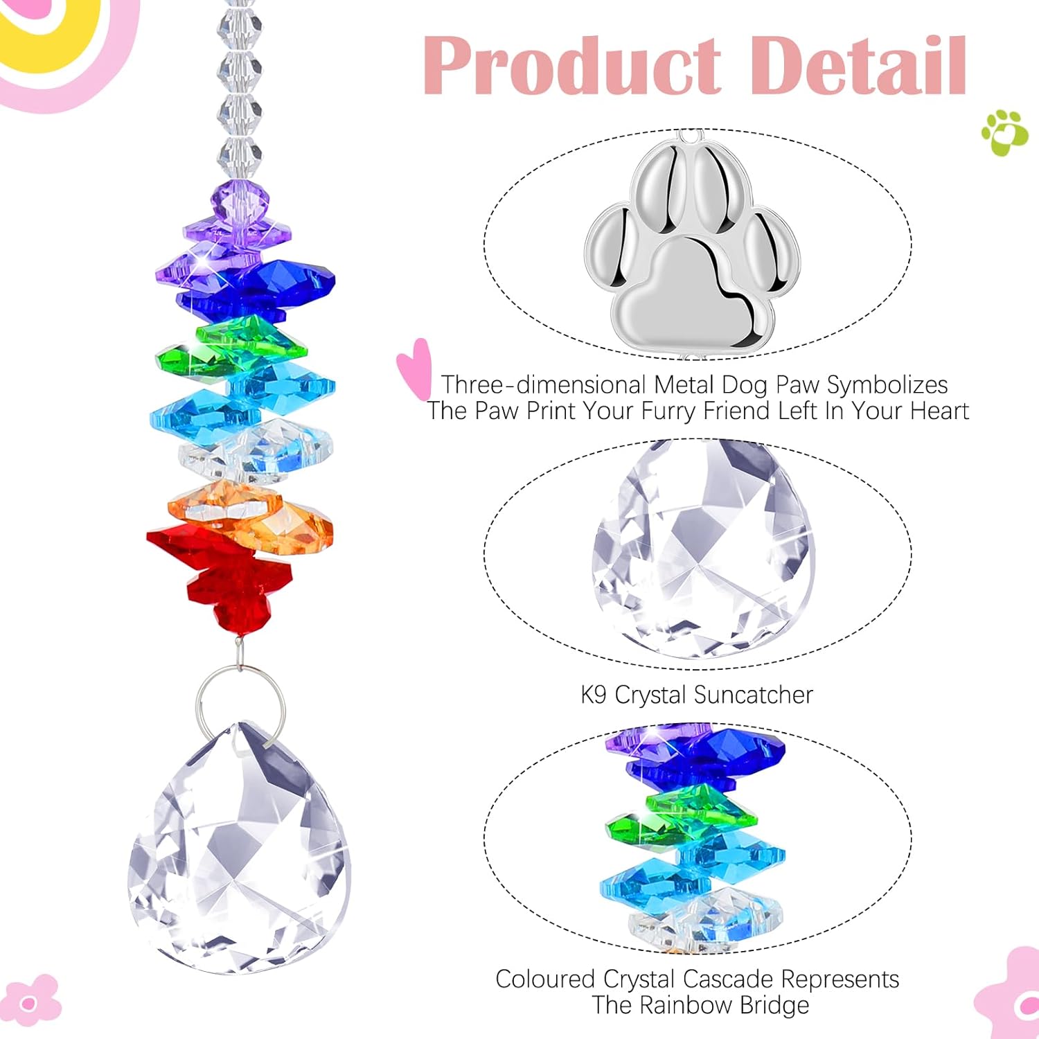 Juego de 5 regalos conmemorativos de arcoíris para mascotas, incluye atrapasoles de cristal con estampado de patas, pulsera de arco iris para