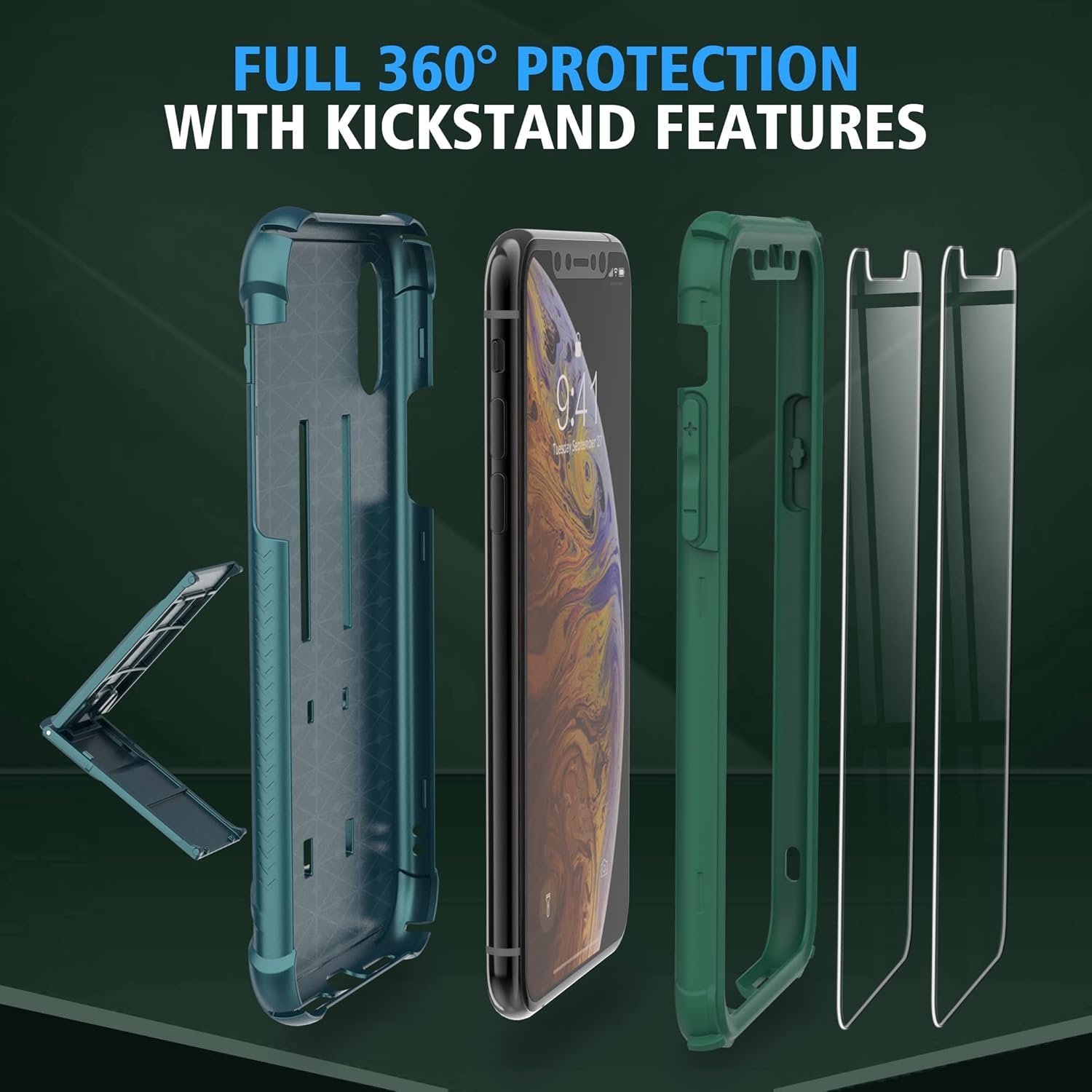 ORETECH Funda para iPhone Xs Max y 2 protectores de pantalla de vidrio templado 10 pies de grado militar a prueba de golpes iPhone Xs MAX 360 funda