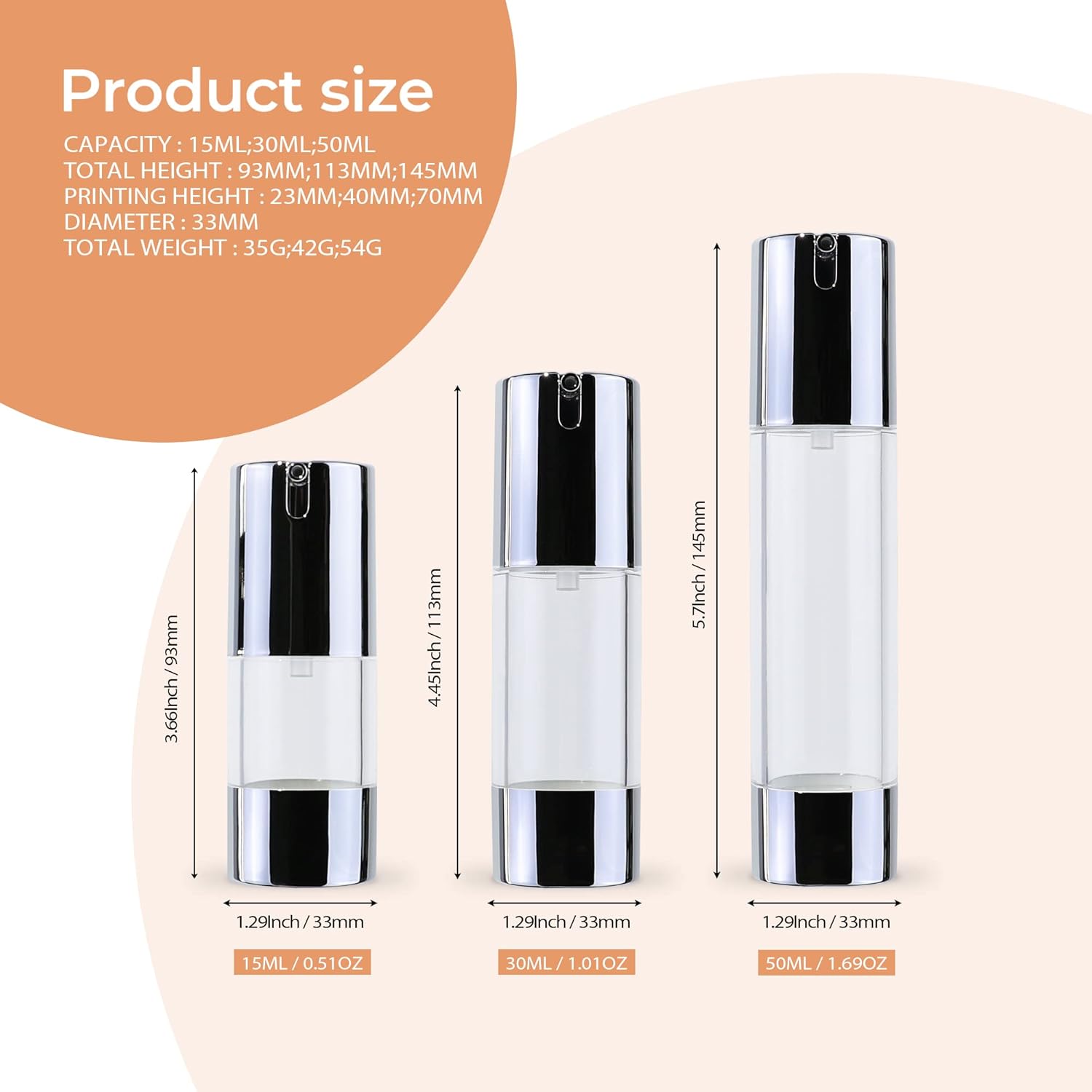 longway Botellas de bomba sin aire de 1.7oz1.7 fl oz sin aire, botella de bomba de crema cosmética sin aire, dispensador de tamaño de viaje,