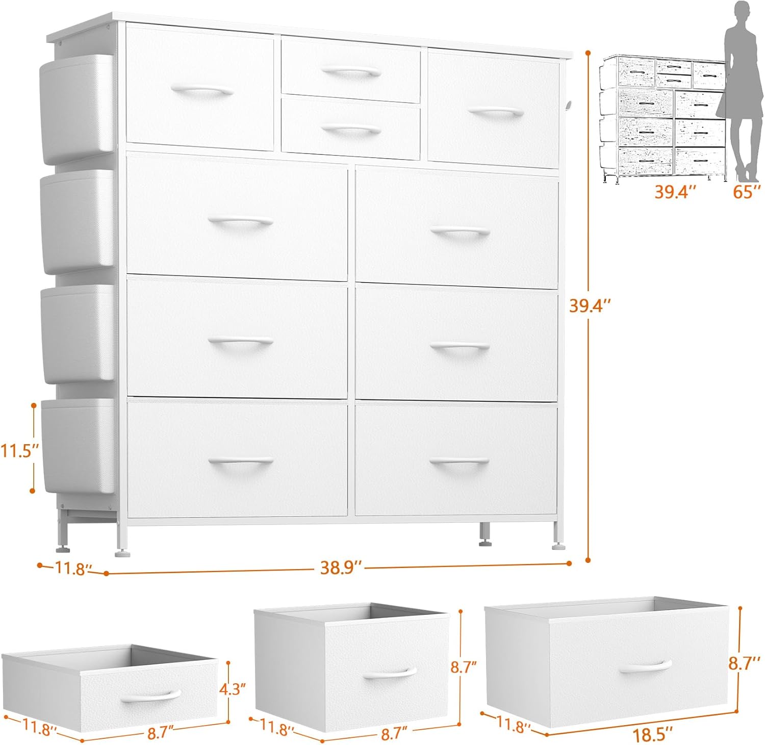Cómoda de 10 cajones, cómoda para dormitorio, cómoda de poliuretano con bolsillos laterales, ganchos, parte superior de madera y marco de metal