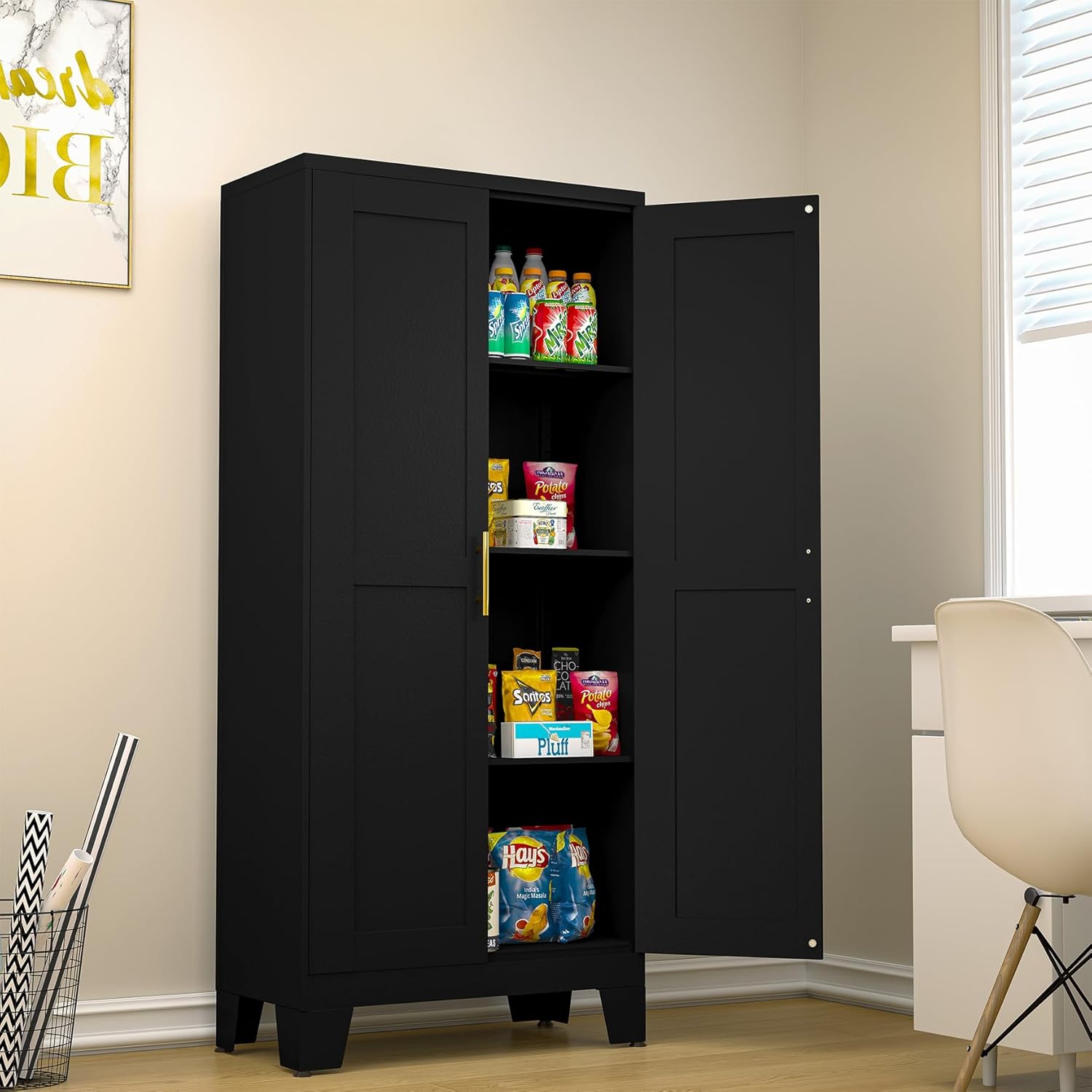 Gabinete de almacenamiento de metal, armario de almacenamiento de baño con puertas y estantes, gabinete de almacenamiento de oficina con cerradura,