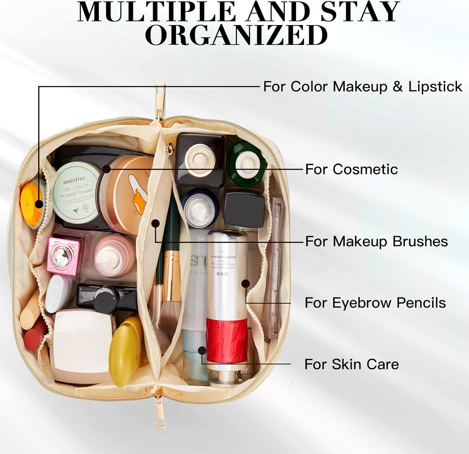 Telena Bolsa de maquillaje de gran capacidad, bolsa de cosméticos portátil de piel sintética resistente al agua, bolsas organizadoras de maquillaje