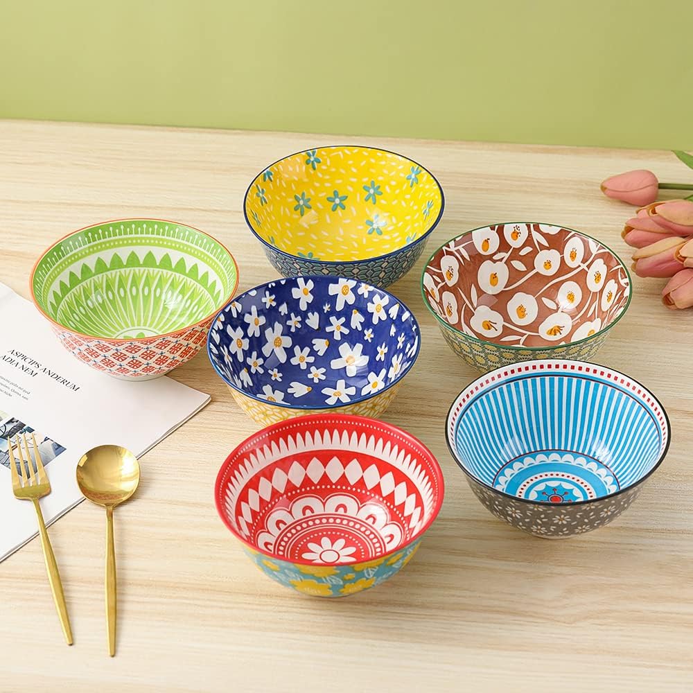 Juego de cuencos de porcelana para cereales, cuencos de cerámica para cocina, de 23 onzas, 6 juegos de cuencos coloridos con patrones lindos –