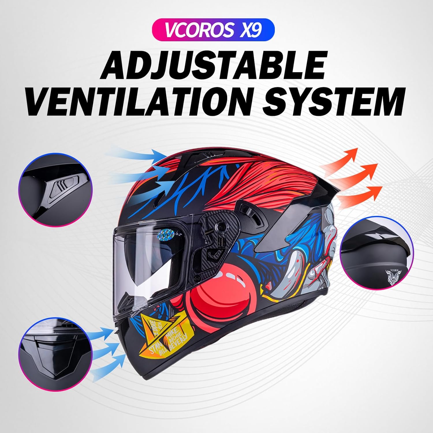 VCOROS Casco de motocicleta de cara completa X9 con visera interior y bolsillos para altavoces listos para Bluetooth, aprobado por DOT, casco de