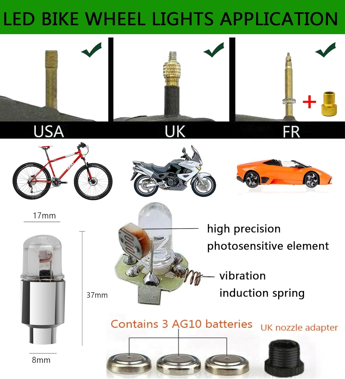 YUERWOVER Paquete de 4 tapas LED de vástago de válvula, luces para neumáticos de automóvil, ensamblajes de ruedas, luces de neón para válvulas de