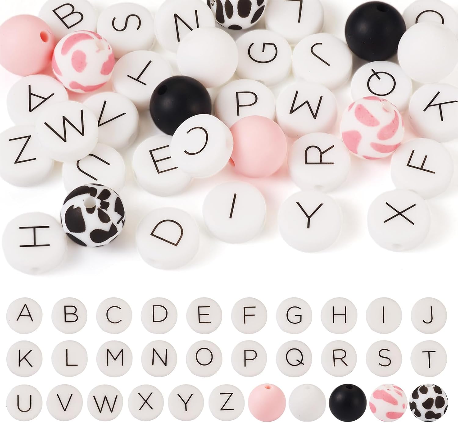 FASHEWELRY 36 cuentas de silicona redondas del alfabeto A-Z, cuentas focales de goma de vaca para pulseras, collares, llaveros, fabricación de joyas