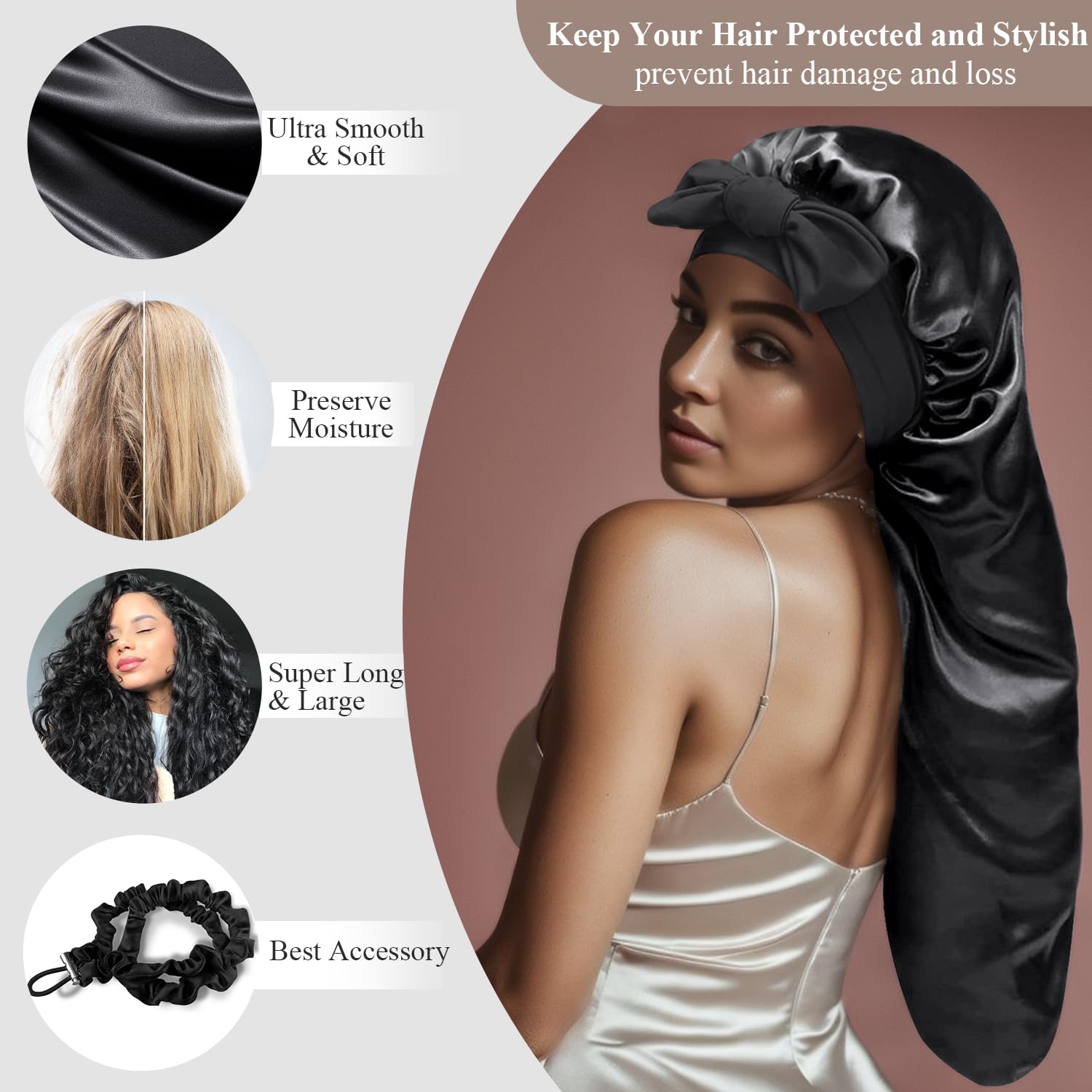 Babalet Gorro de seda para dormir, gorro de satén plegable extra largo con banda de amarre elástica para mujeres negras, accesorio para el cabello