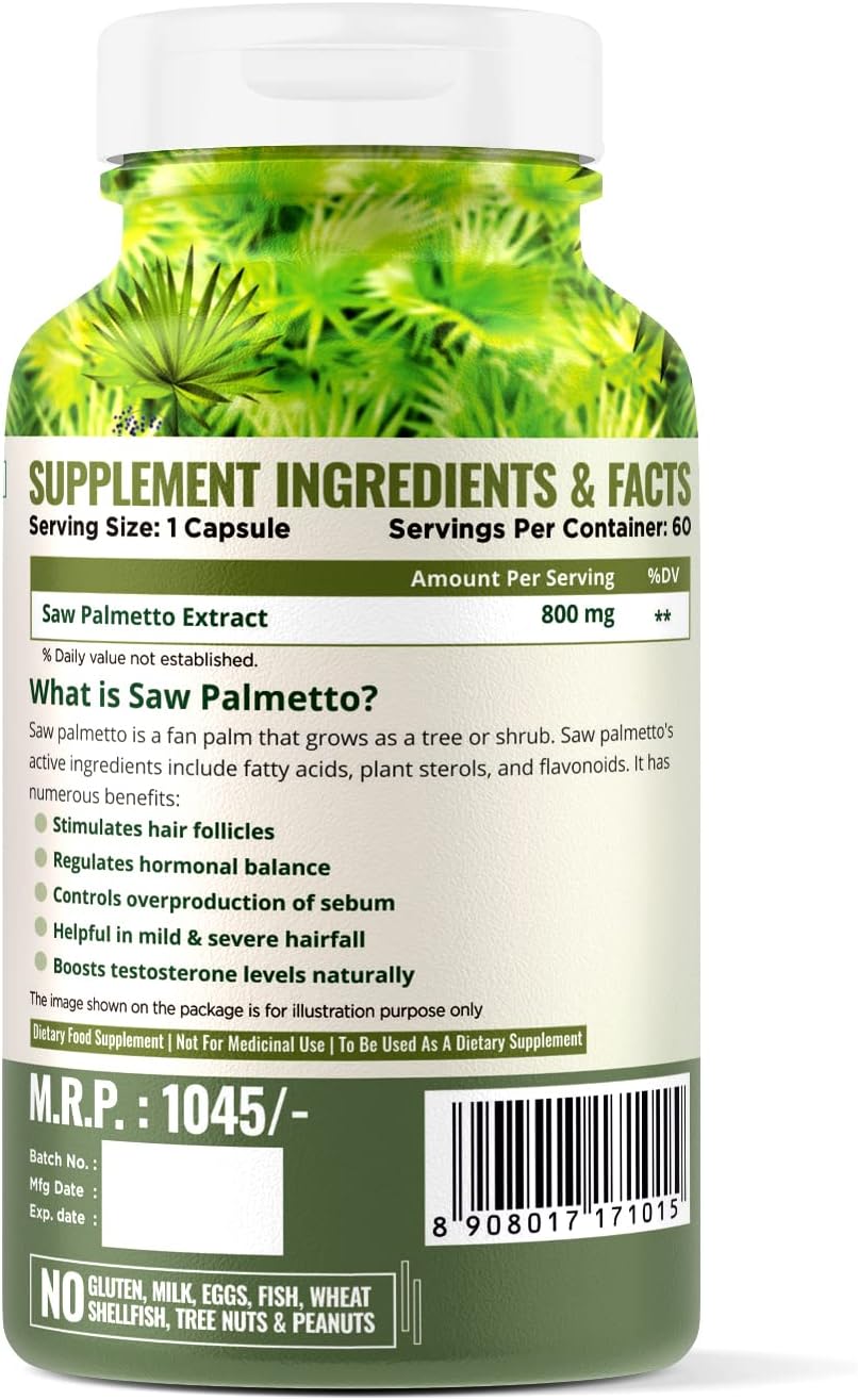 Nature Life Nutrition Saw Palmetto Extracto para el crecimiento del cabello, 800 mg, 60 cápsulas vegetales, apoyo para próstata y tracto urinario