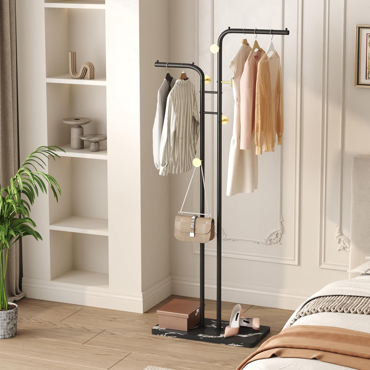 HOMEFORT Perchero de doble polo, perchero de metal independiente, soporte para sombrero de ropa con 5 ganchos para armario, dormitorio, entrada,