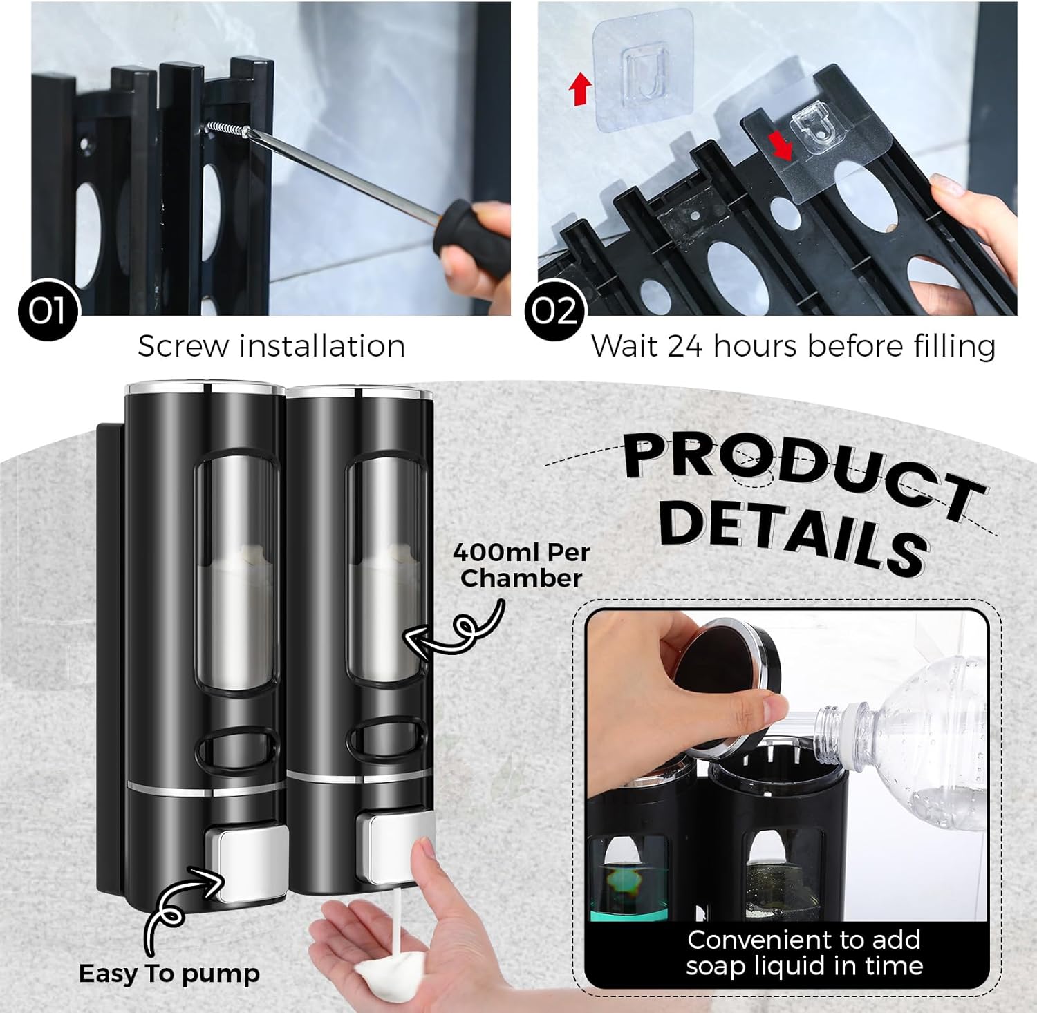 Dispensador de champú y acondicionador 2 en 1, dispensador de jabón de ducha de 2 cámaras, sin taladro, dispensador de champú montado en la pared,