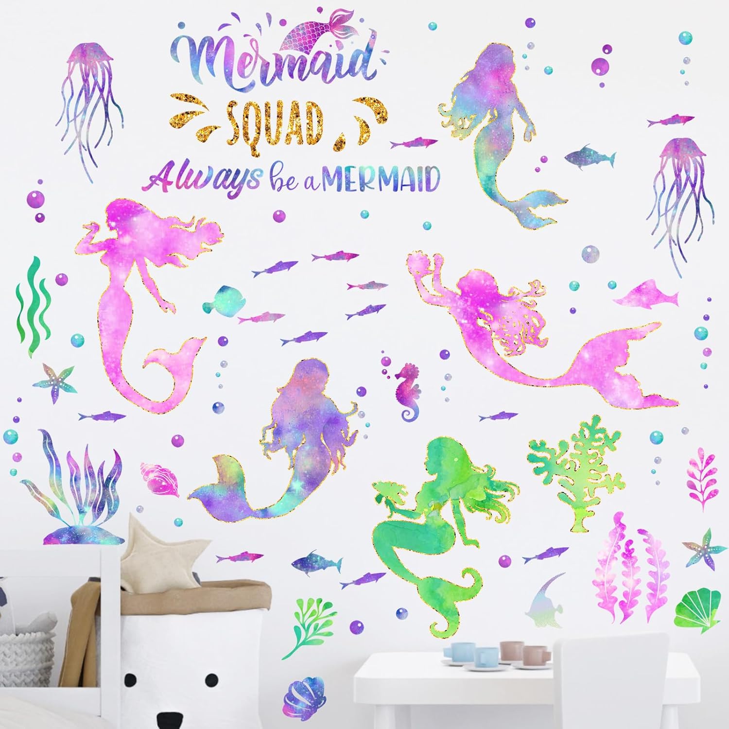 2 hojas de calcomanías de pared grandes de sirena con purpurina para niñas, calcomanías de pared de sirena para dormitorio, impermeable, decoración