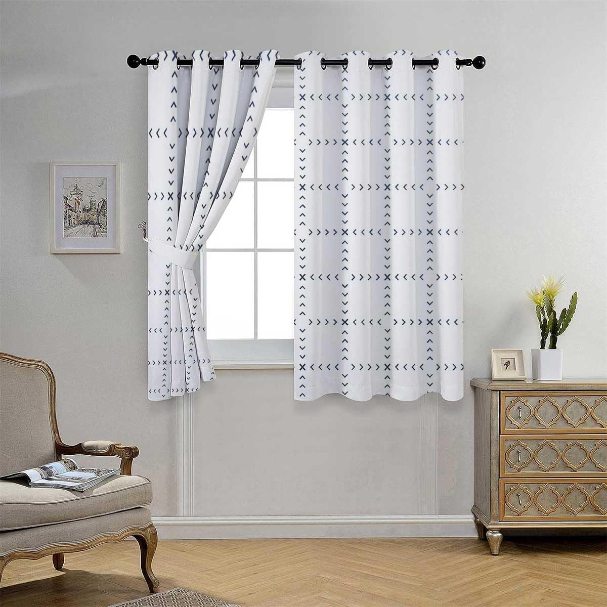 Cortina opaca para ventana, color claro, geometría, línea de celosía, moderna, térmica, para puerta de patio, cortinas para cuartos separados, 55