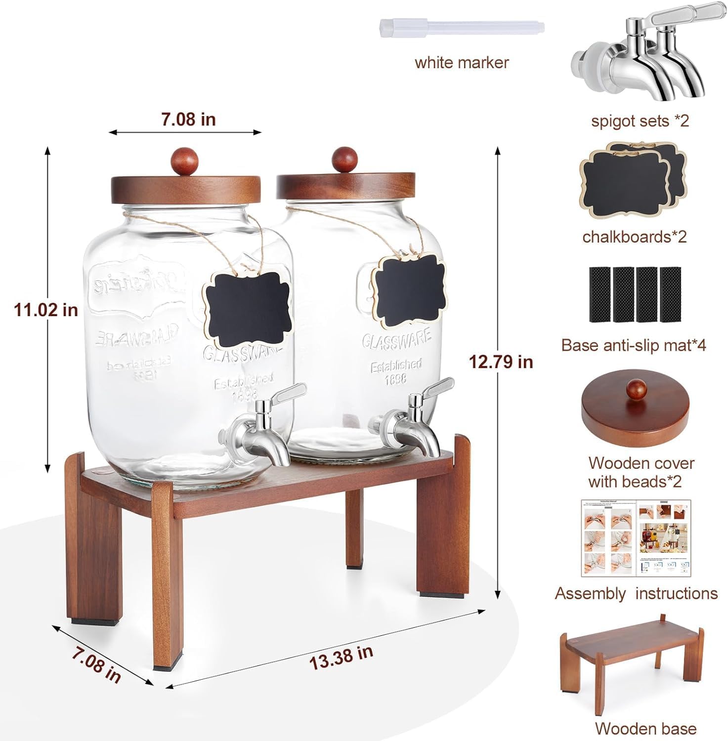 Dispensador de bebidas de vidrio con soporte de madera, dispensador de bebidas de 1 galón para fiestas con espiga de acero inoxidable 188 a prueba