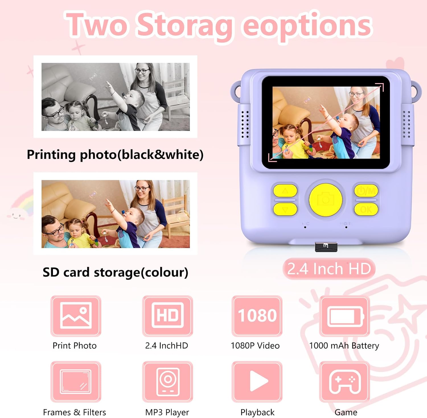Cámara de impresión instantánea para niños, regalos de cumpleaños de Navidad para niñas de 3 a 12 años, cámaras de video digitales HD 1080P para
